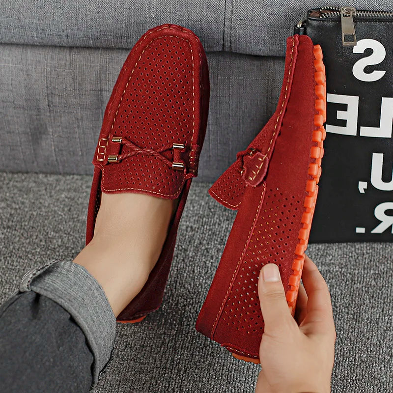 2026 Summer Men Casual Shoes Luxury Brand Genuine Leather Mens Loafers Moccasins Hollow Out Breathable Slip on Driving Shoes